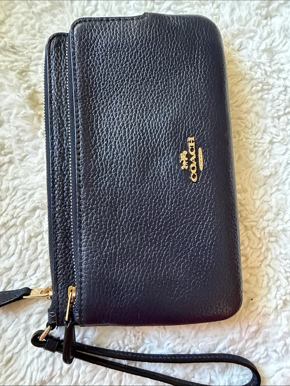 Coach Black Pebbled Leather Wristlet with Gold Logo
